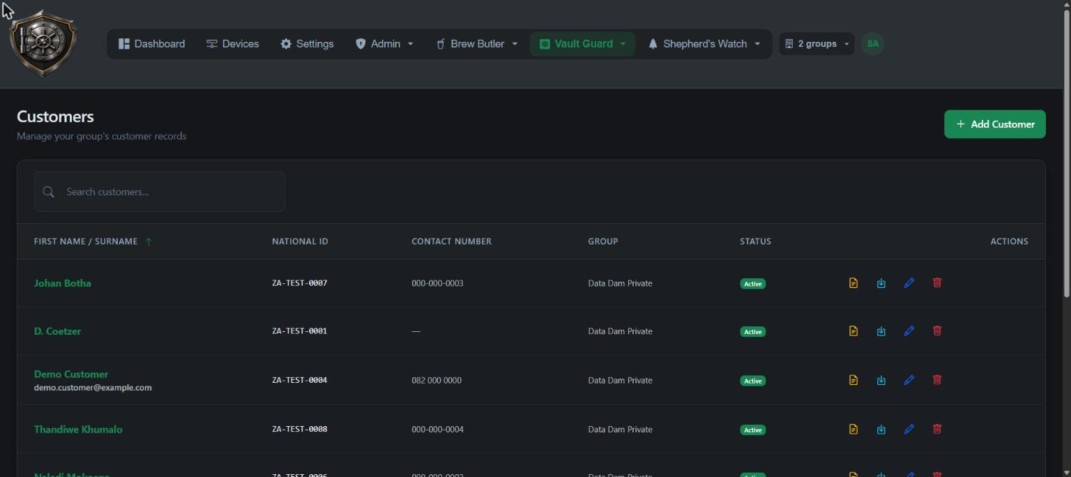 Vault Guard customer records, dark theme