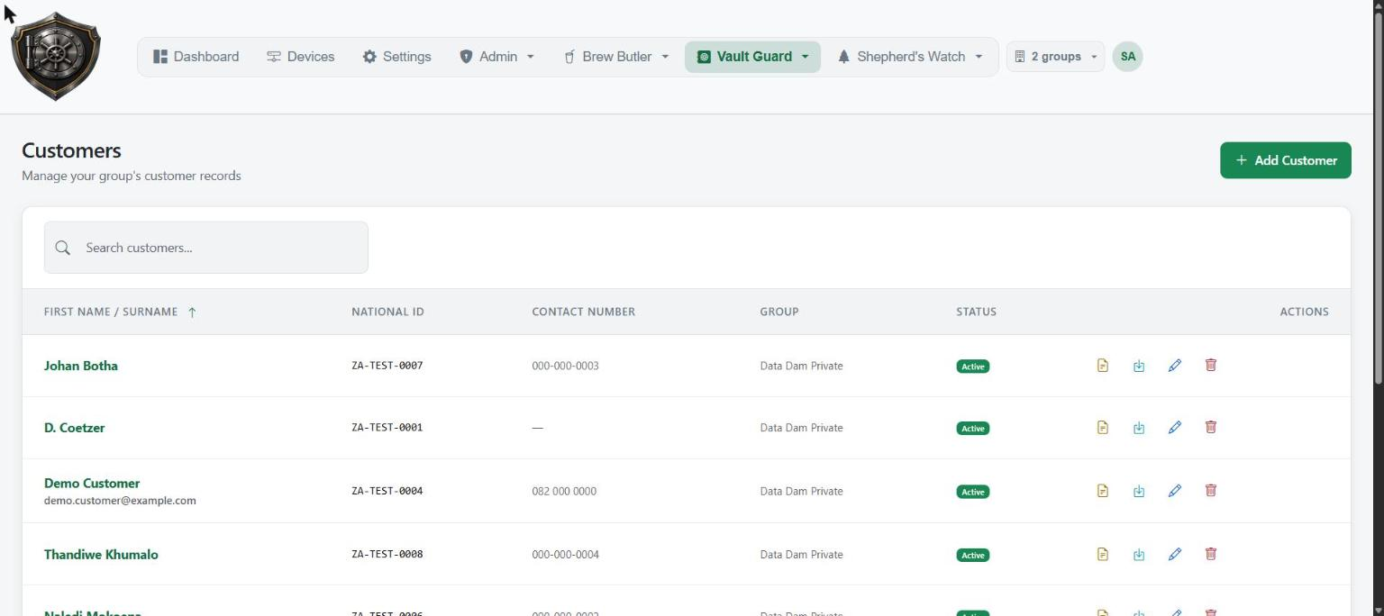 Vault Guard customer records, light theme