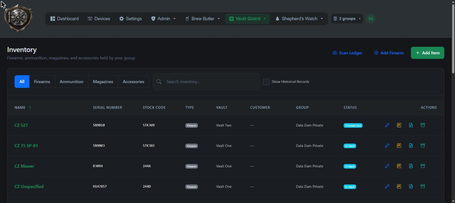 Vault Guard firearms inventory, dark theme