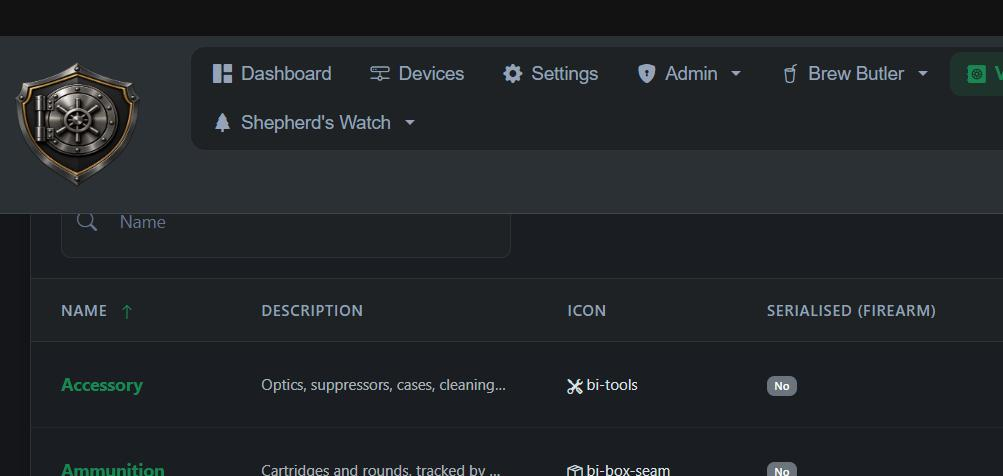 Vault Guard item types, dark theme