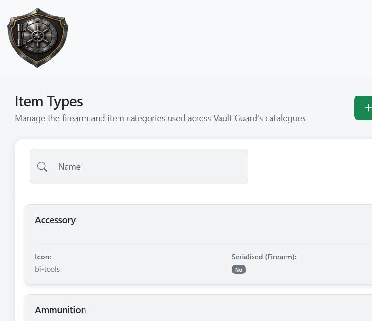 Vault Guard item types, light theme