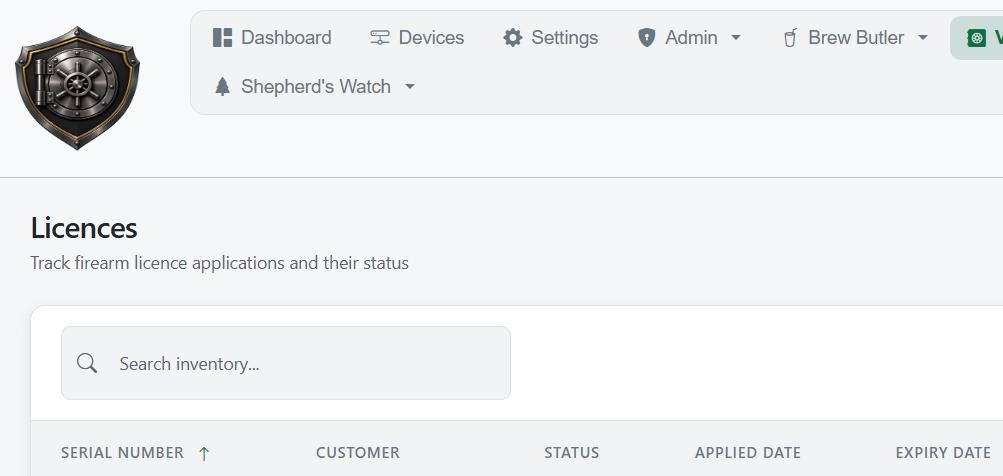 Vault Guard licence tracking, light theme