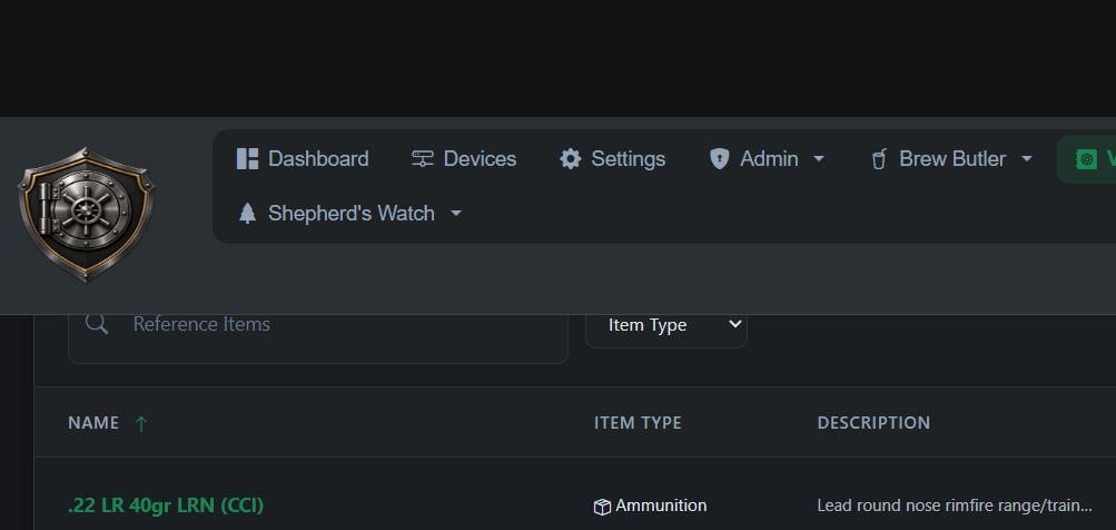 Vault Guard reference items catalogue, dark theme