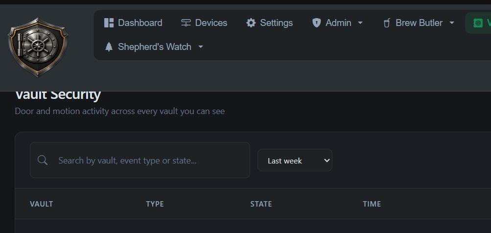 Vault Guard door and motion activity, dark theme